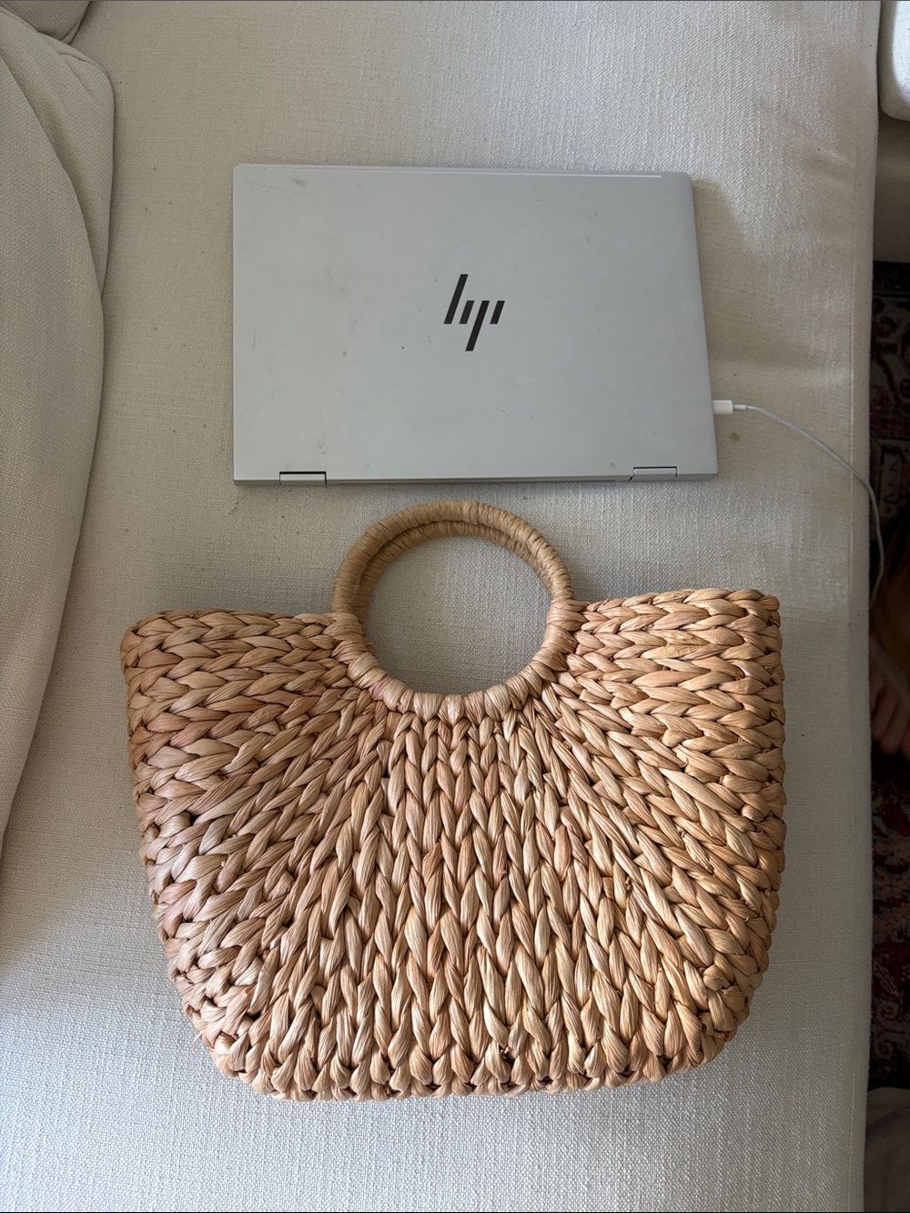Woven Round-Handle Straw Tote Bag - Natural - Picture 3 of 3